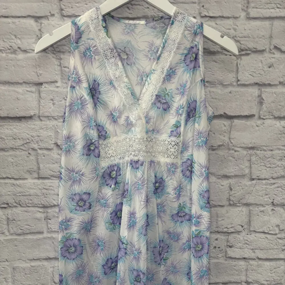 Vintage Figurfit Midi Nightgown Size S Purple White Floral Sleeveless Crochet